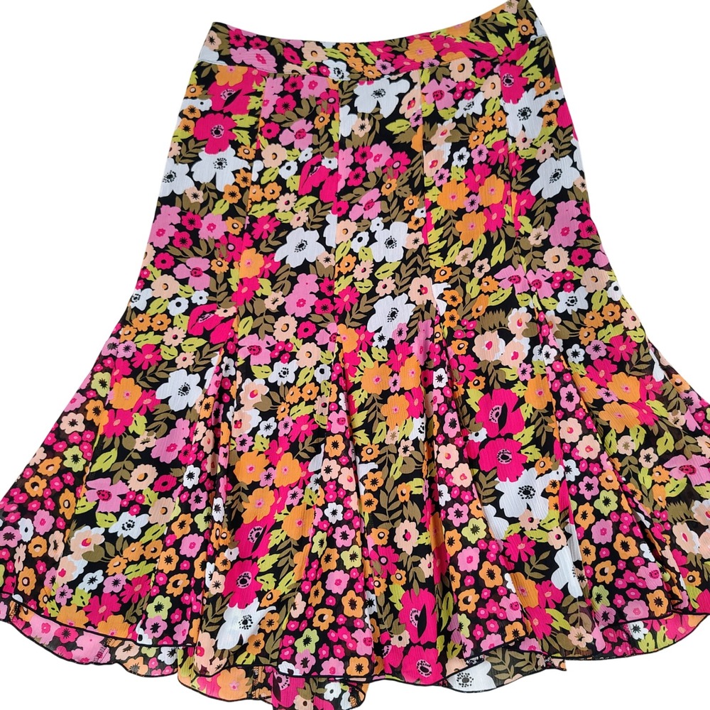 Kim Rogers Signature Floral Ruffle Hem A-Line Skirt Pink Orange Yellow Small‎